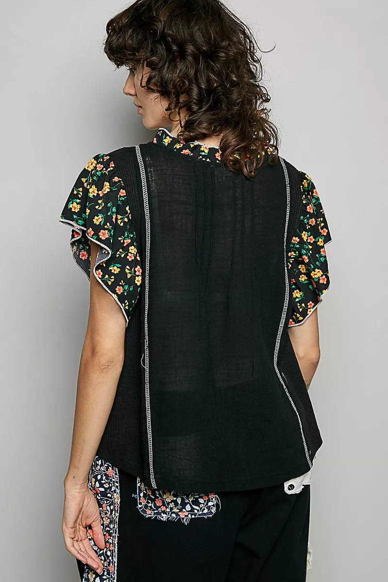 POL Black V-Neck Floral Ruffle Sleeve Blouse