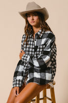 BiBi Mixed Plaid Fleece Button Down Long Sleeve Shirt Shirts & Tops