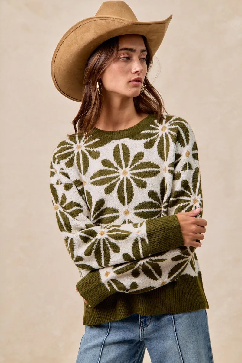 BiBi Olive & Ivory Flower Pattern Long Sleeve Sweater