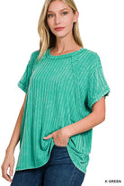 Zenana Ribbed Raglan Dolman Sleeve Boat-Neck Top K GREEN ZENANA