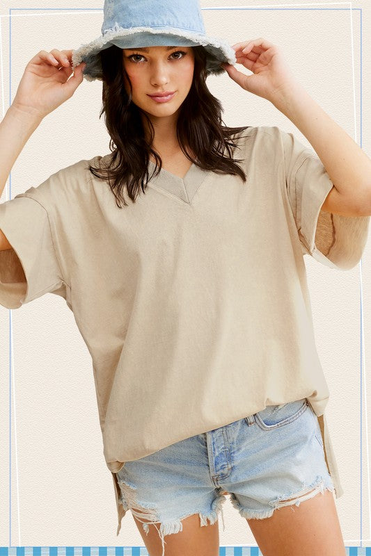 La Miel Mineral Washed Oversized Short Sleeve Top ALMOND MILK La Miel