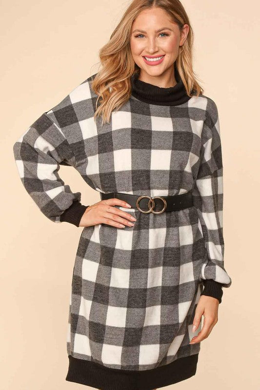 Haptics Black Buffalo Plaid Turtle Cowl Neck Belted Sweater Dress Final Sale Haptics