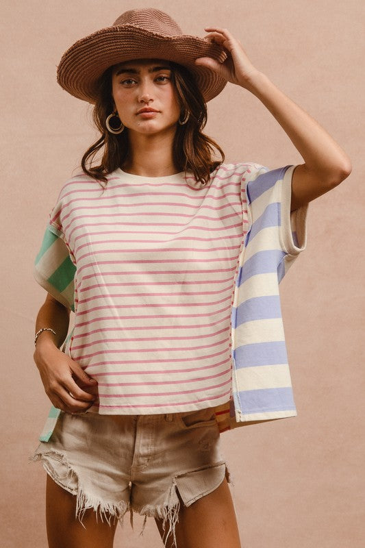 BiBi Pink Multi Slit Exposed Seam Striped Round Neck Short Sleeve T-Shirt PINK MINT LILAC