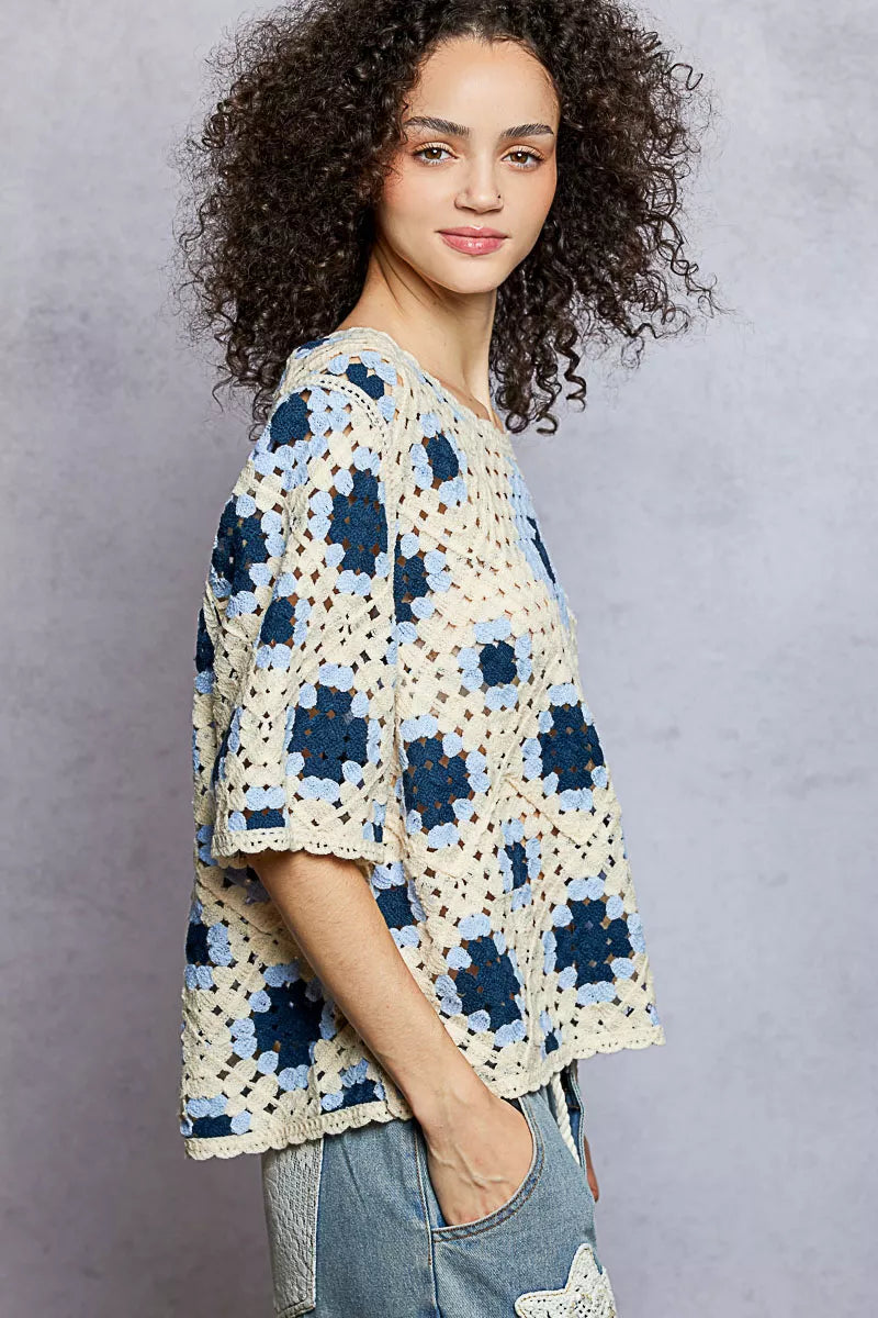 POL Blue Multi Round Neck Short Sleeve Color Pattern Crochet Top with Border Accents