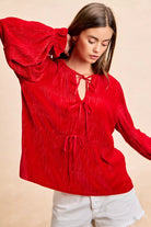 BiBi Red Christmas Theme Velvet Bow Tied Top With Neck Drop