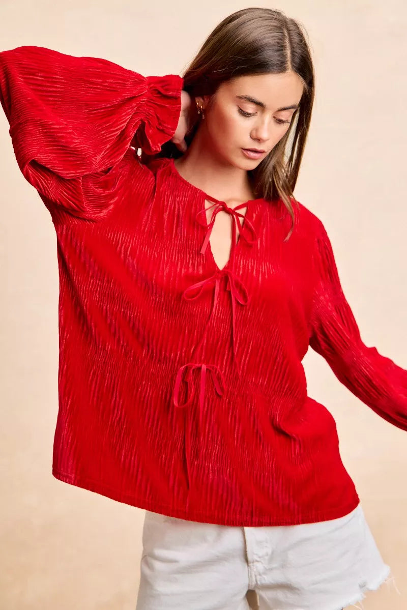 BiBi Red Christmas Theme Velvet Bow Tied Top With Neck Drop