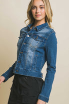 Love Tree Distressed Button Up Stretchy Cotton Denim Jacket Love Tree