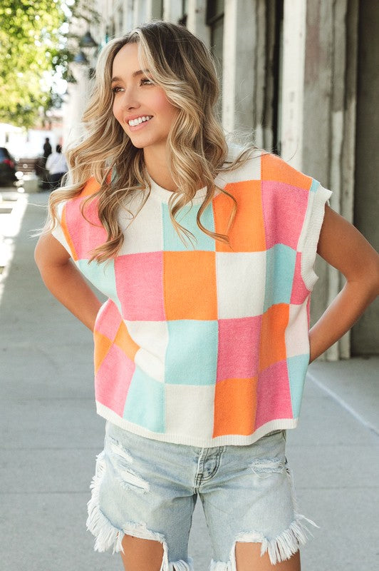 BiBi Multi-Color Checker Sweater Vest BiBi