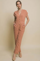 V-Neck Pocketed Jumpsuit PERSIMMON