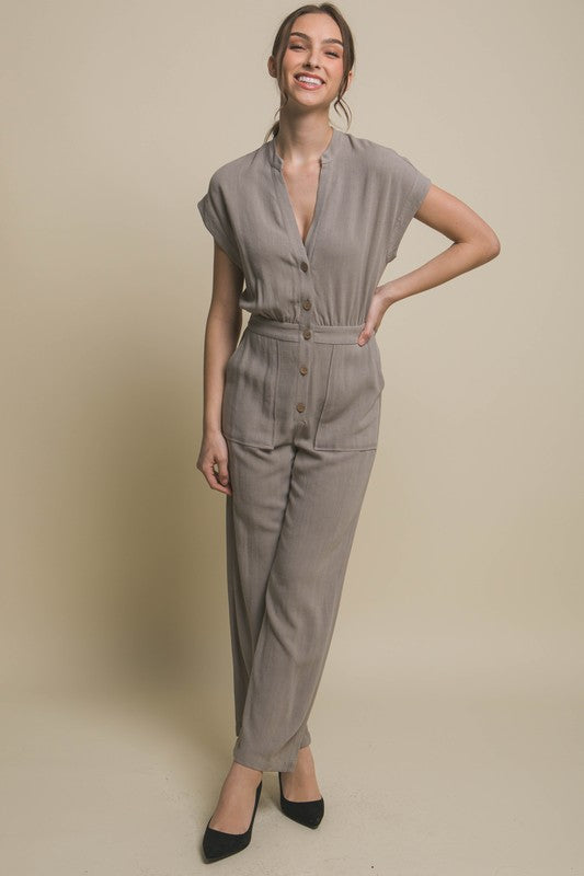 V-Neck Pocketed Jumpsuit GREYSTONE Love Tree