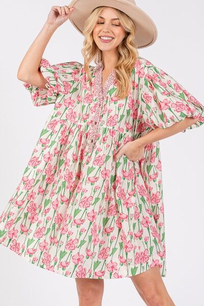 SAGE + FIG Pink Floral Half Button Notched Puff Sleeve Dress Pink