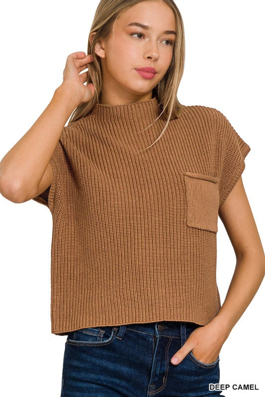 Zenana Mock Neck Short Sleeve Cropped Sweater DEEP CAMEL ZENANA