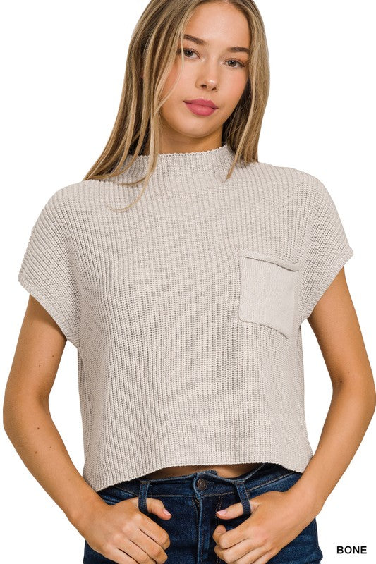 Zenana Mock Neck Short Sleeve Cropped Sweater BONE ZENANA