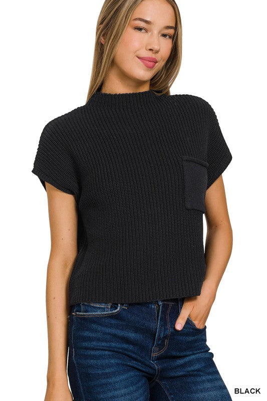 Zenana Mock Neck Short Sleeve Cropped Sweater BLACK ZENANA