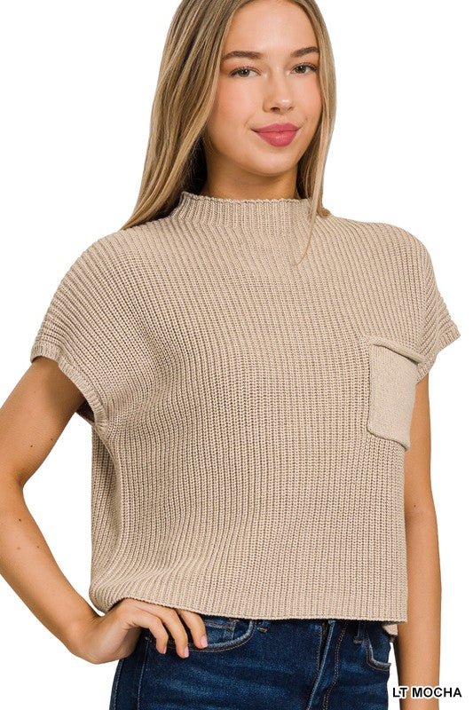 Zenana Mock Neck Short Sleeve Cropped Sweater LT MOCHA ZENANA