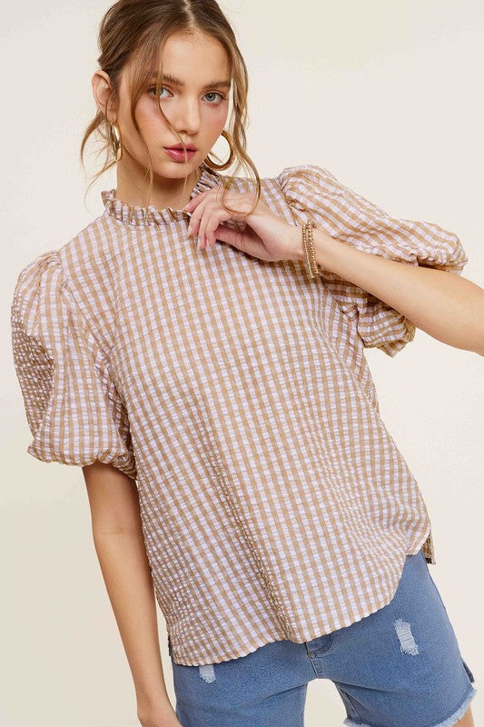 La Miel Gingham Check Print Puff Sleeve Top La Miel