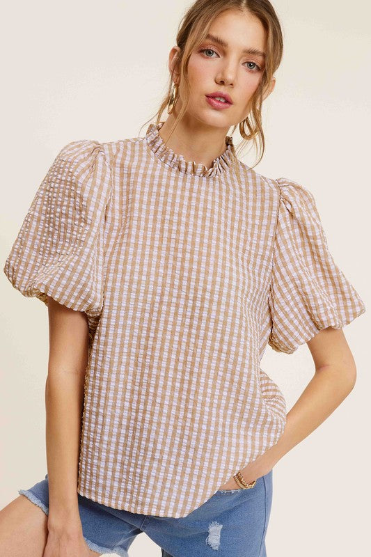 La Miel Gingham Check Print Puff Sleeve Top La Miel