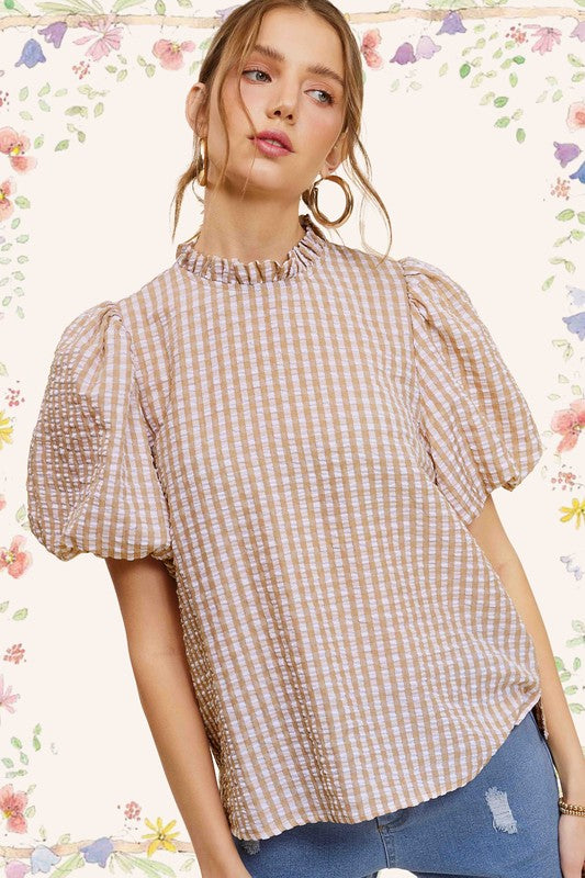 La Miel Gingham Check Print Puff Sleeve Top La Miel