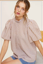 La Miel Gingham Check Print Puff Sleeve Top LATTE La Miel