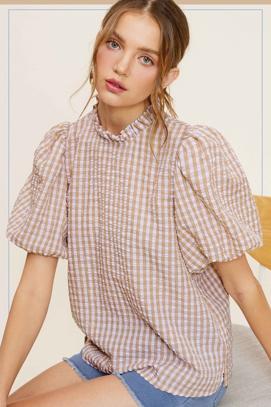 La Miel Gingham Check Print Puff Sleeve Top LATTE La Miel