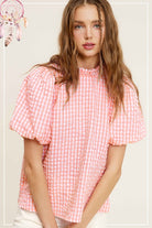 La Miel Gingham Check Print Puff Sleeve Top PEACH La Miel