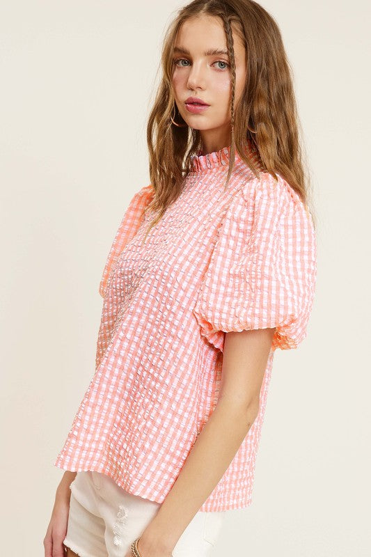 La Miel Gingham Check Print Puff Sleeve Top La Miel