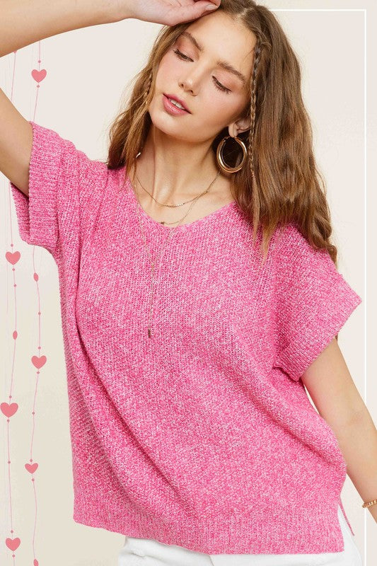 La Miel Soft Lightweight V-Neck Short Sleeve Sweater Top CANDY La Miel