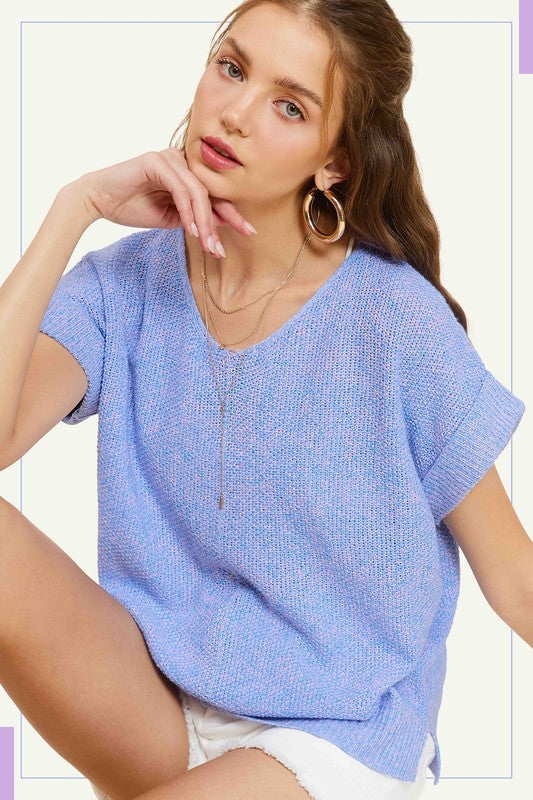 La Miel Soft Lightweight V-Neck Short Sleeve Sweater Top PERIWINKLE La Miel