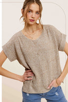 La Miel Soft Lightweight V-Neck Short Sleeve Sweater Top TAUPE La Miel