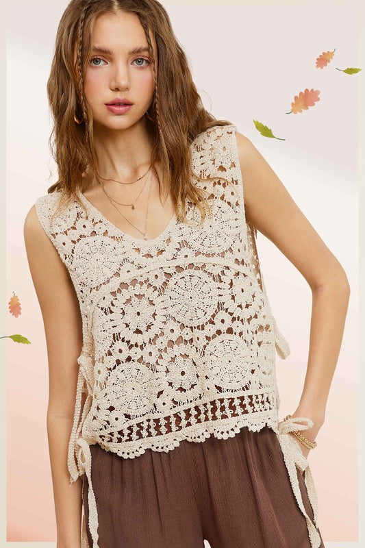 La Miel Self Side Tie Detailed Crochet Vest Top NATURAL La Miel