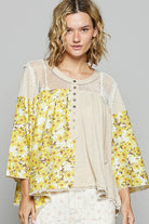 POL Toasted Almond Washed Floral Print Crochet Detail Top