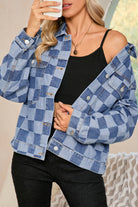 Light Blue Checkered Patchwork Button Up Denim Jacket Shewin