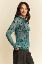 Davi & Dani Teal Floral Mesh Long Sleeve Sheer Layering Top