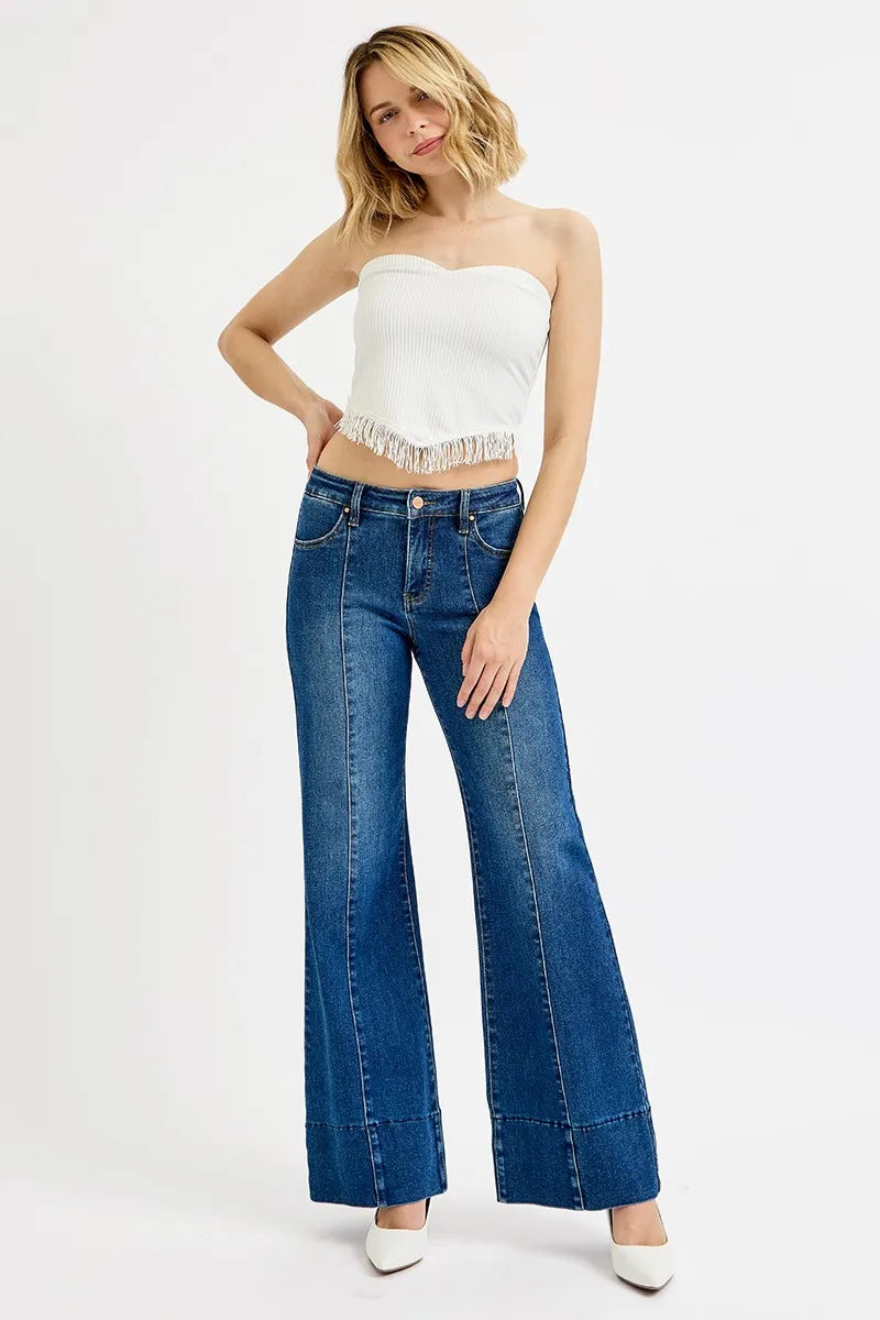 RISEN Dark Washed Tummy Control Mid Rise Seam Detail Wide Flare Jeans