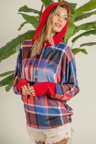 BiBi Red & Blue Plaid Brushed Rib Contrast Thumb Open Hoodie