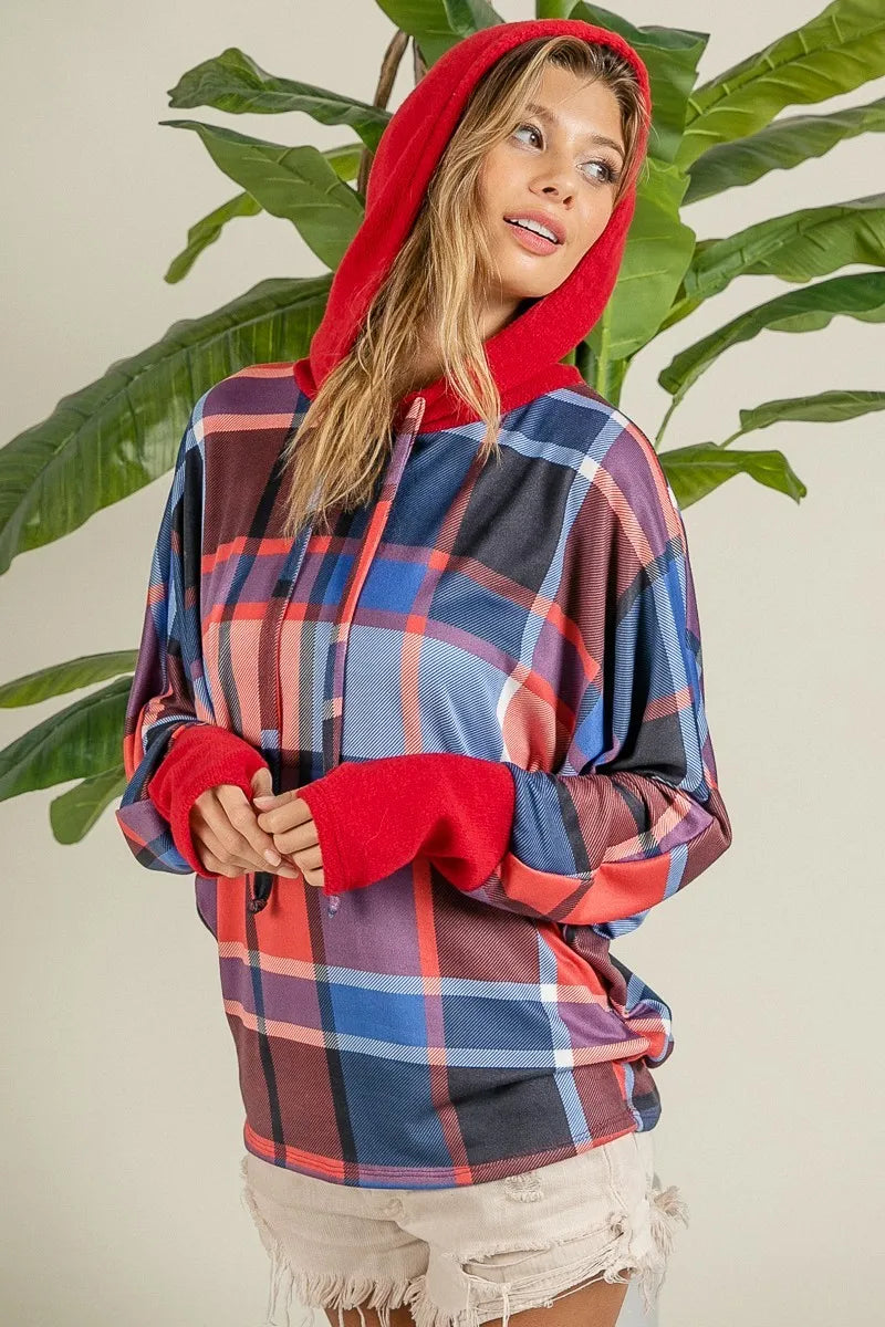 BiBi Red & Blue Plaid Brushed Rib Contrast Thumb Open Hoodie