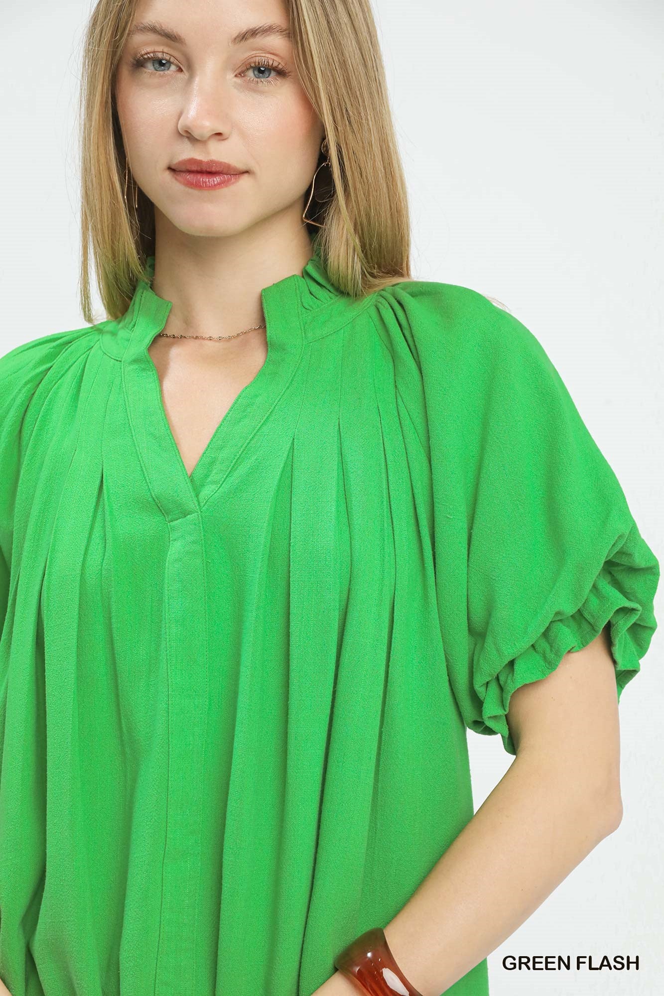Umgee Green Flash Linen V-Neck Flutter Sleeve Top