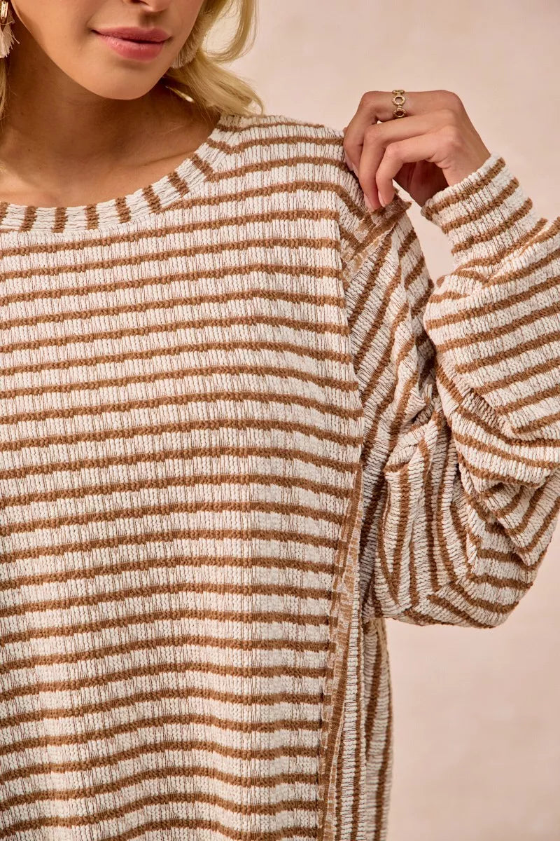 BiBi Camel Open Seam Detail Textured Stripe Knit Top