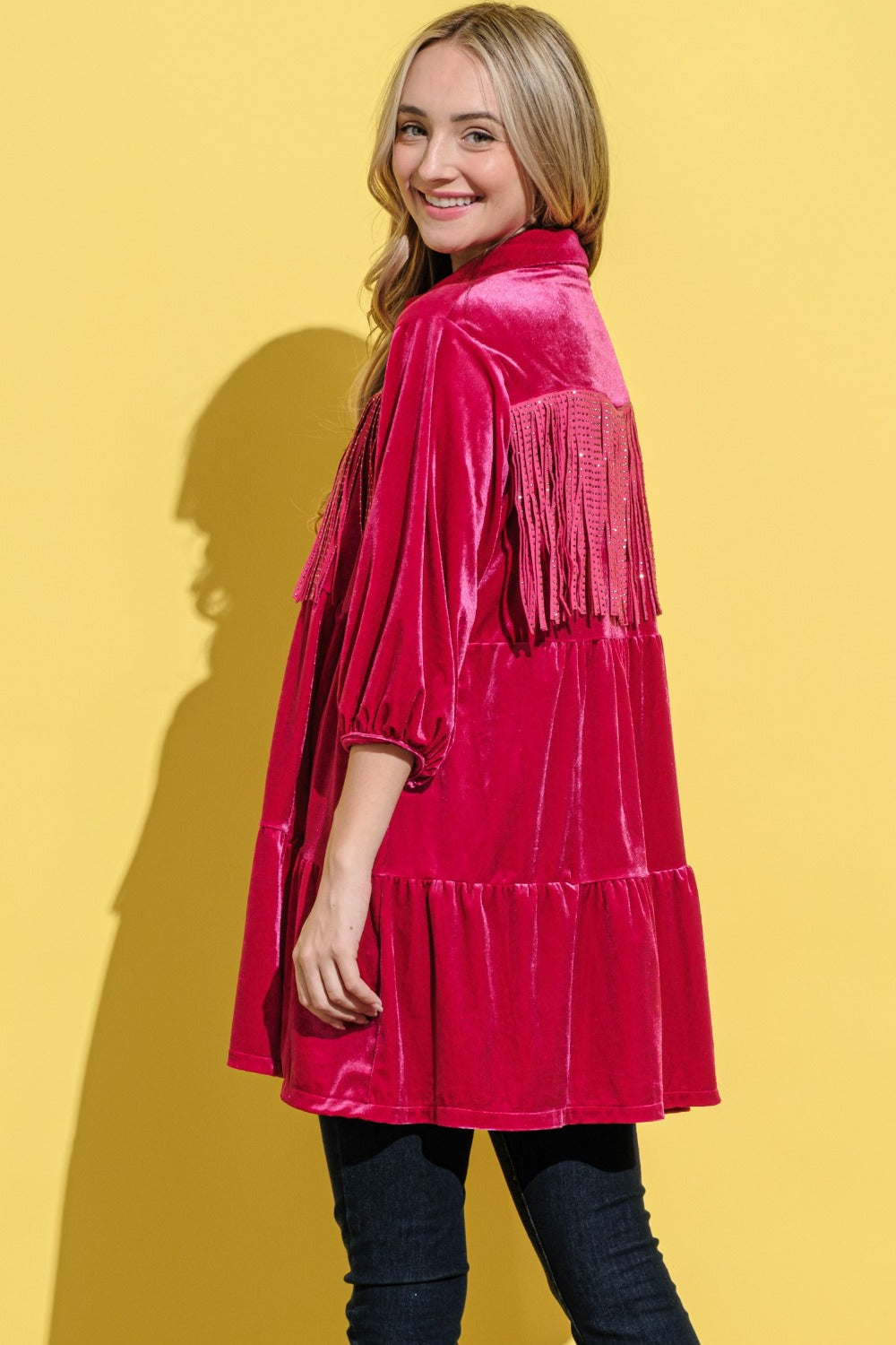 And The Why Magenta Fringe Detailed Velvet Shirt Dress Trendsi