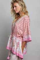 POL Block Print Floral Tie Front Boho Blouse