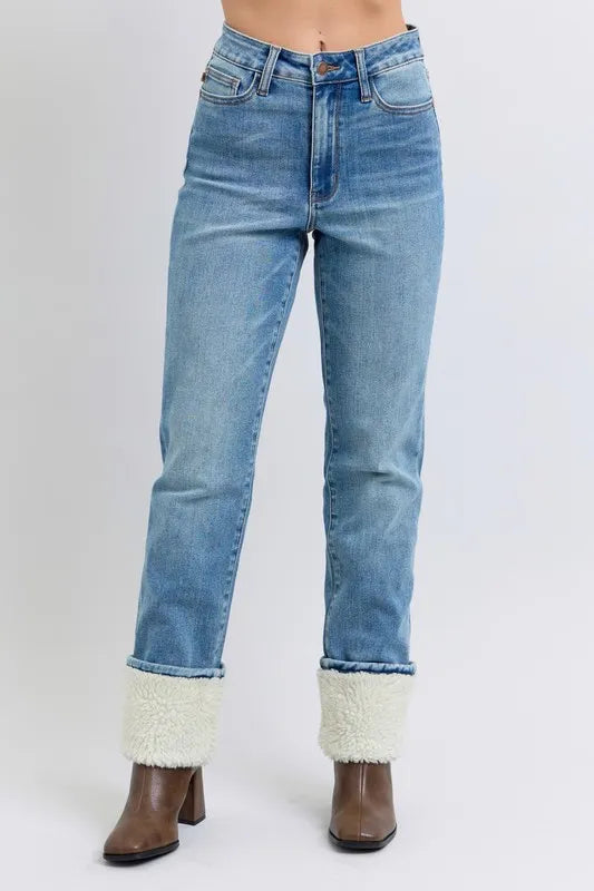 Judy Blue High Waisted Shearling Cuff Straight