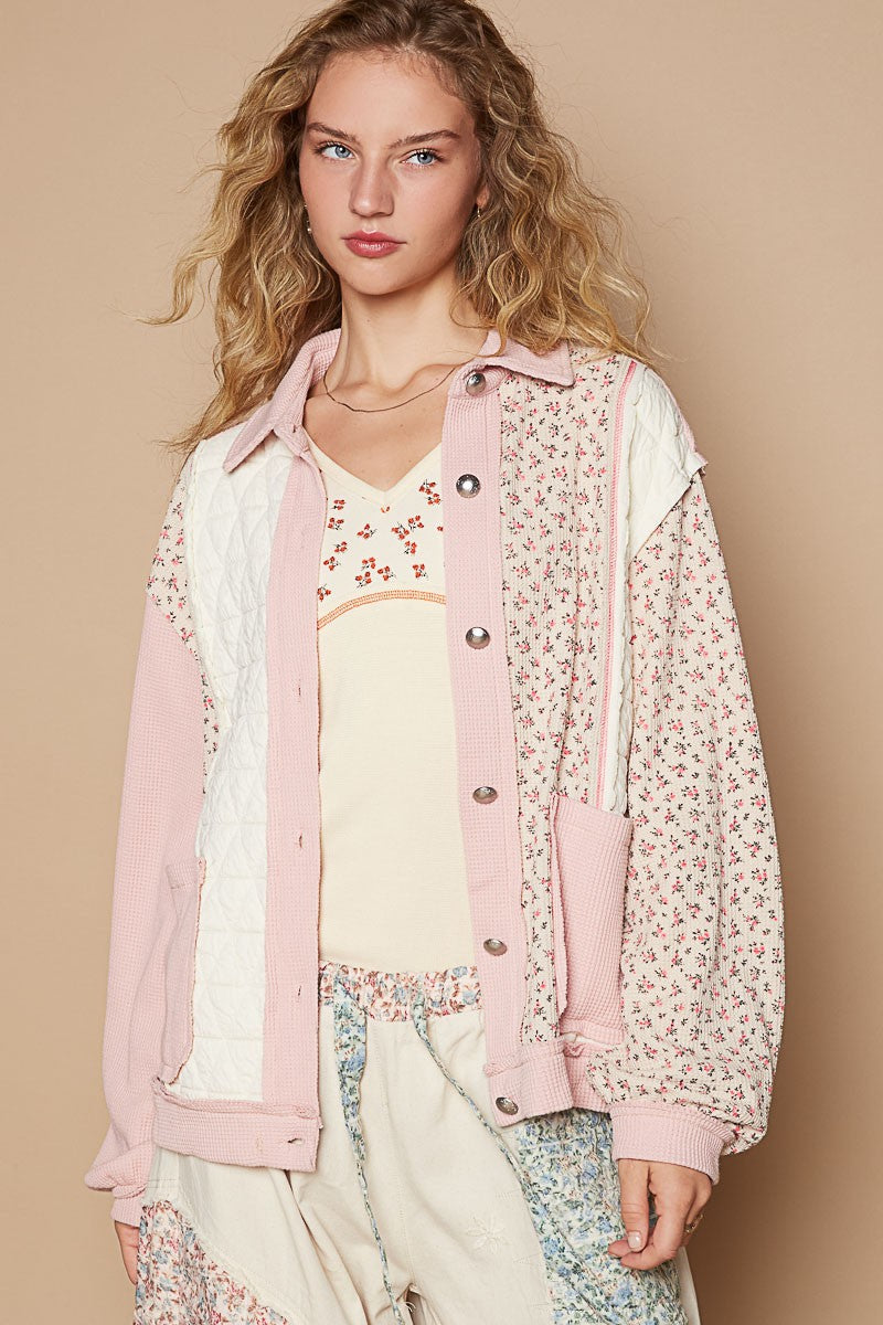 POL Pink Floral Exposed Seam Button Up Quilted Jacket Trendsi