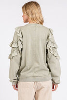 Mittoshop Sage Ruffled Mineral Washed Round Neck Long Sleeve Sweatshirt