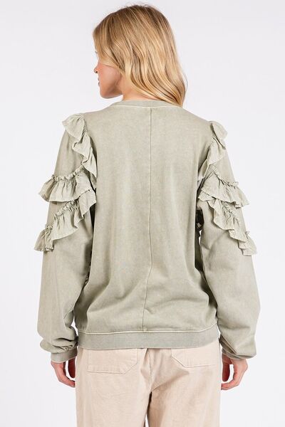 Mittoshop Sage Ruffled Mineral Washed Round Neck Long Sleeve Sweatshirt