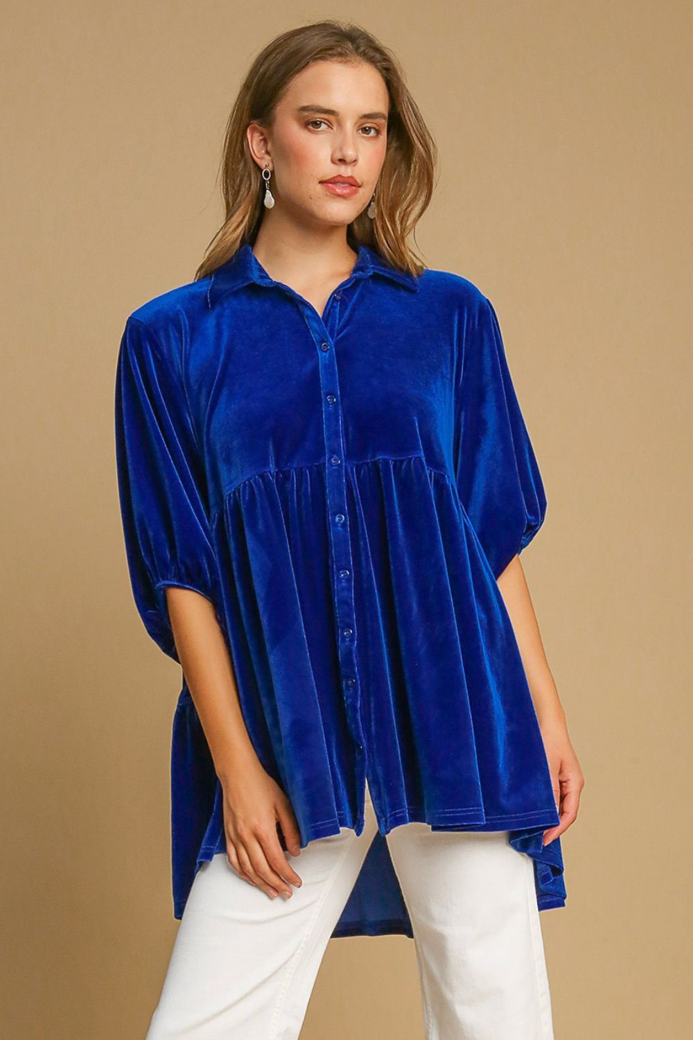 Umgee Sapphire Button Down Tiered Back High Low Blouse Shirts & Tops