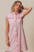 BiBi Blush Pink Washed Button Down Ruffled Cap Sleeve Denim Dress