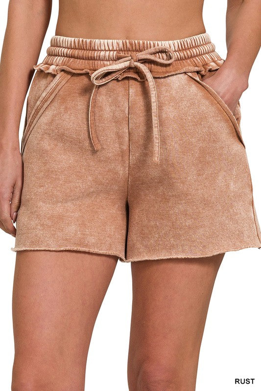 Zenana Acid Wash Fleece Drawstring Shorts with Pockets RUST ZENANA