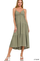 Zenana Woven Sweetheart Neckline Tiered Cami Midi Dress LT OLIVE Dresses