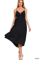 Zenana Woven Sweetheart Neckline Tiered Cami Midi Dress BLACK ZENANA