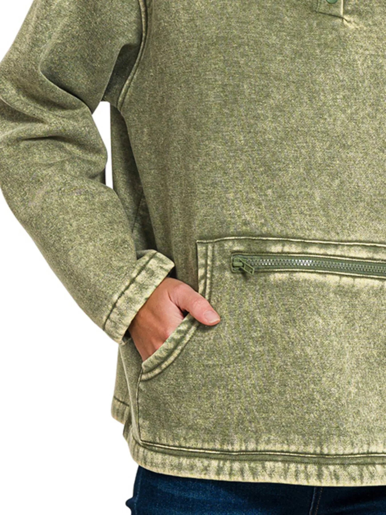 Zenana Light Olive Fleece Washed High Neck Kangaroo Pocket Sweatshirt